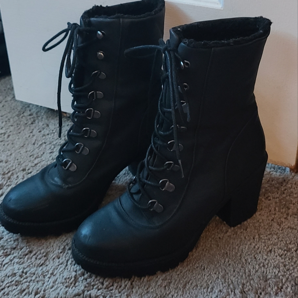 Black Lace Up Combat Heeled Boots
